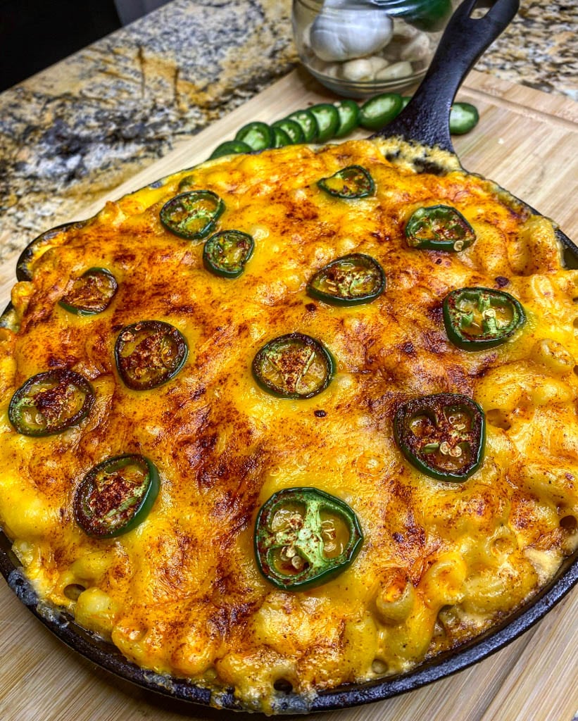 skillet full of Jalapeno Mac and Cheese