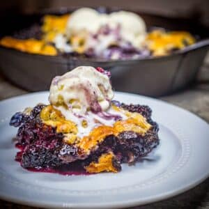 plated southern blueberry cobbler topped with ice cream with a skillet full in the background