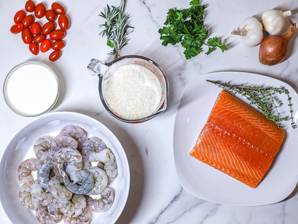 salmon and grits ingredients overhead