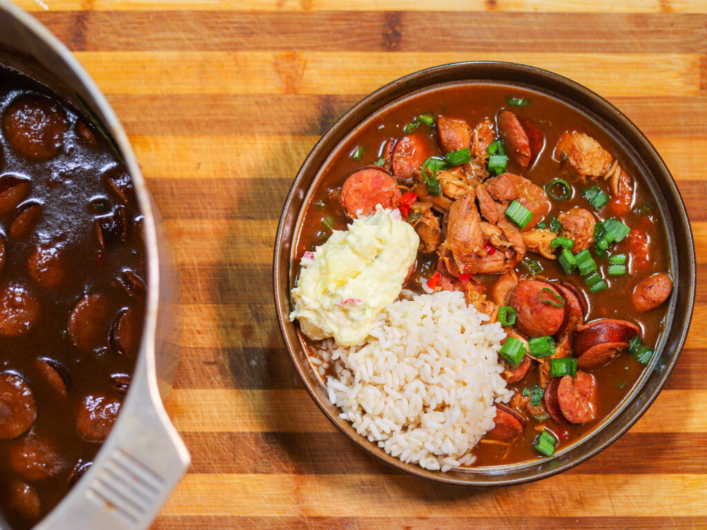 Chicken and sausage gumbo with rice