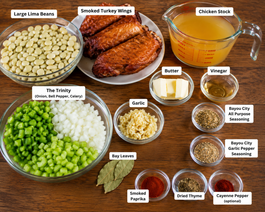 Ingredients for Southern lima beans with smoked turkey wings