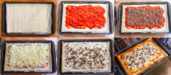 How to make Homemade school lunch pizza baked on a sheet pan with ground beef and cheese