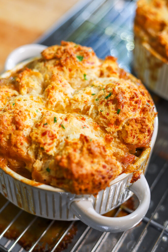 Homemade Creole seafood pot pie recipe served in individual ramekins