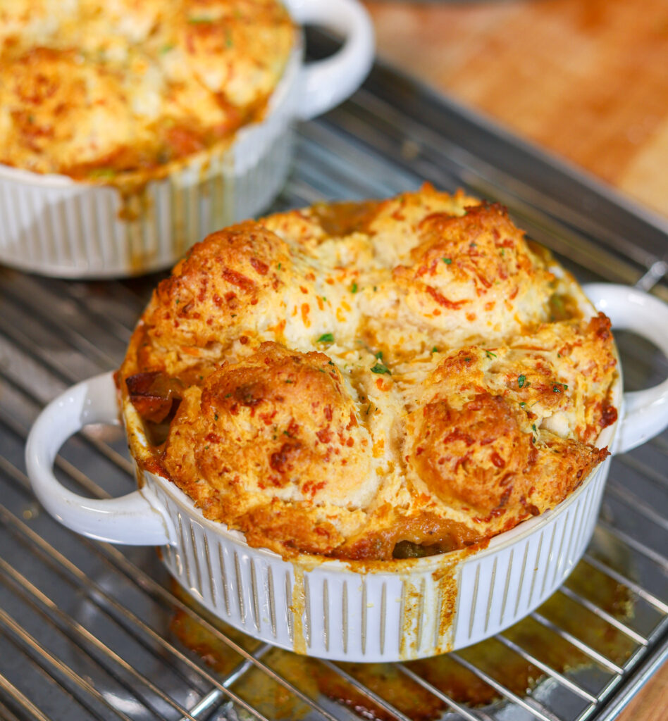 Individual Creole seafood pot pies with Cheddar Bay biscuits
