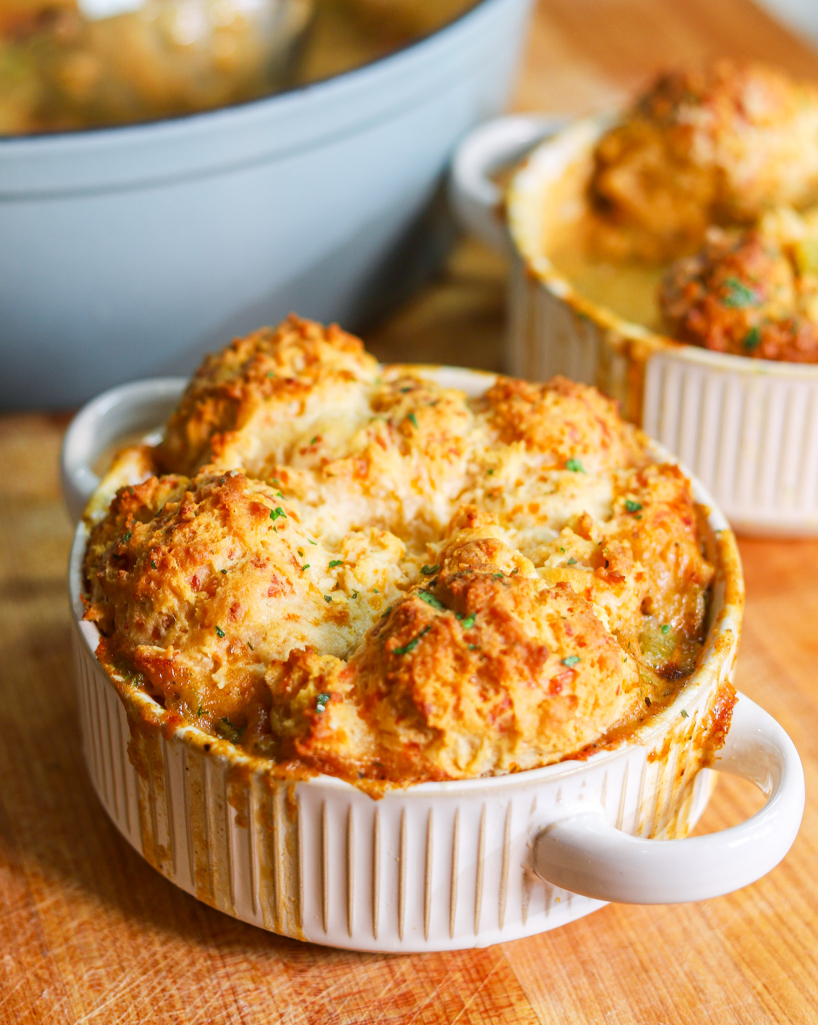 Creole seafood pot pie with golden Cheddar Bay biscuit topping