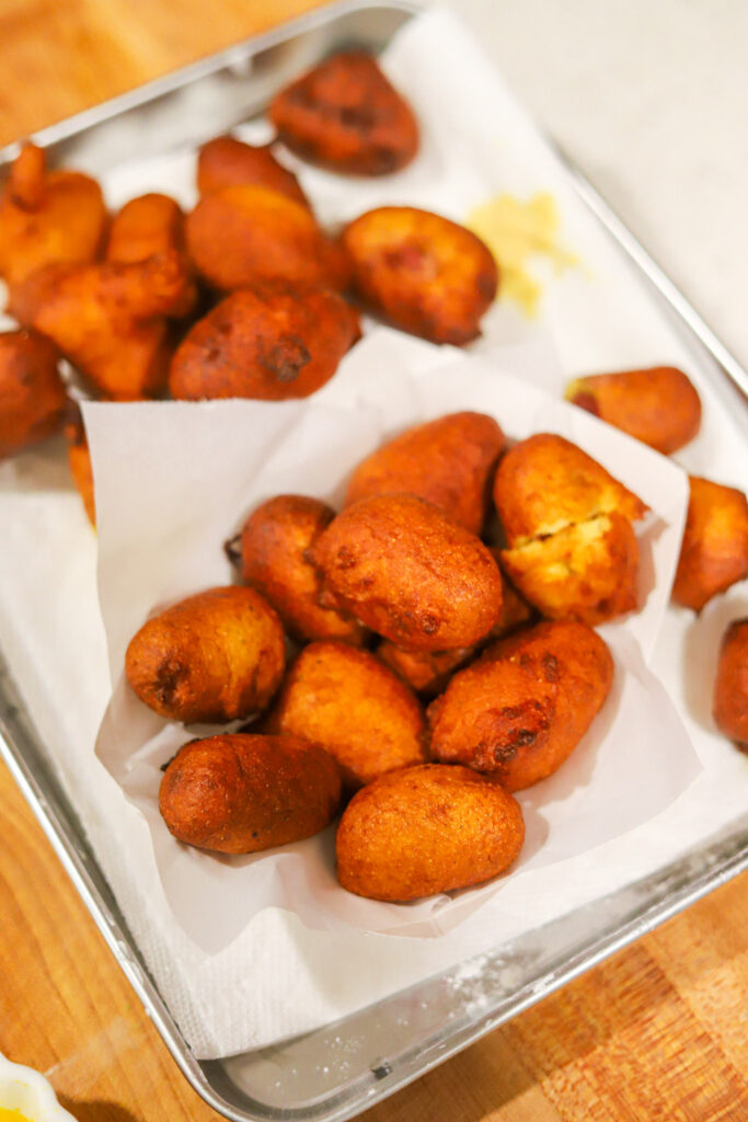 homemade corn dog bites with cornmeal batter