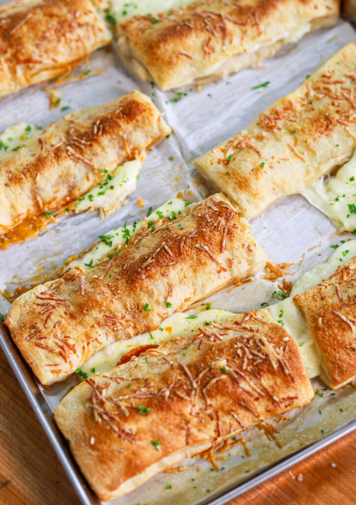 school cafeteria cheese breadsticks stuffed with mozzarella and topped with Parmesan cheese.