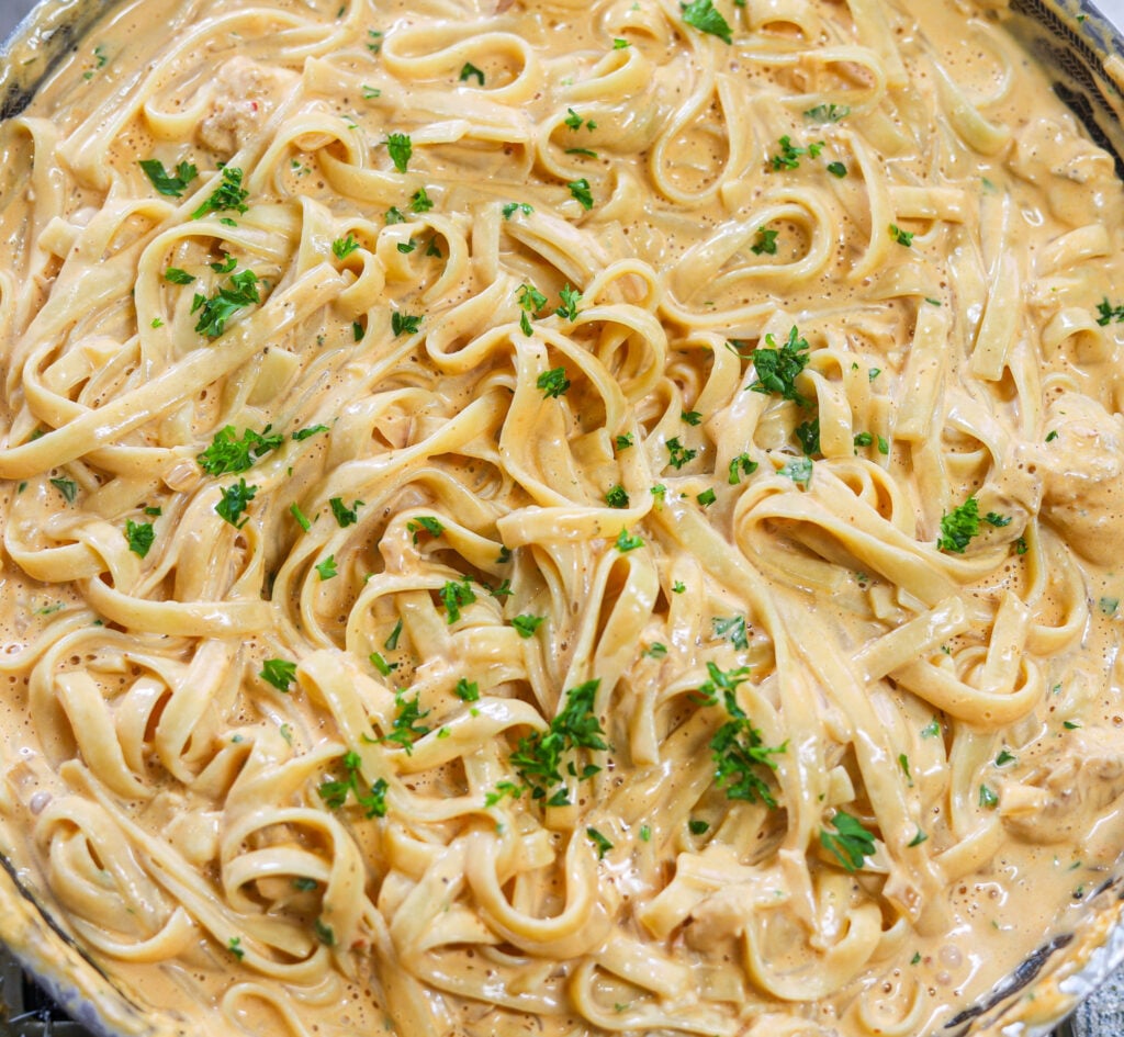 Creamy lobster pasta served in a shallow bowl with tender lobster pieces and Parmesan cheese.